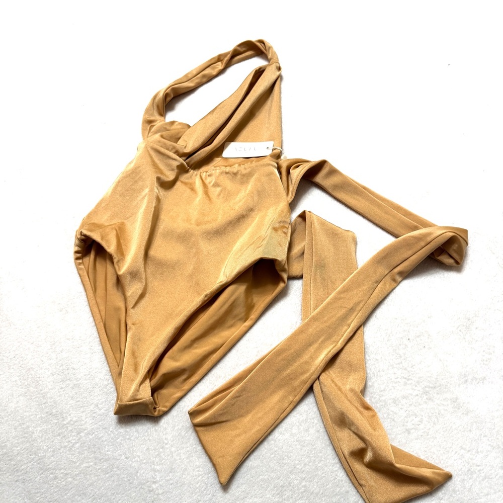 Asymmetrical Gold One-Piece Swimsuit with Wrap Detail